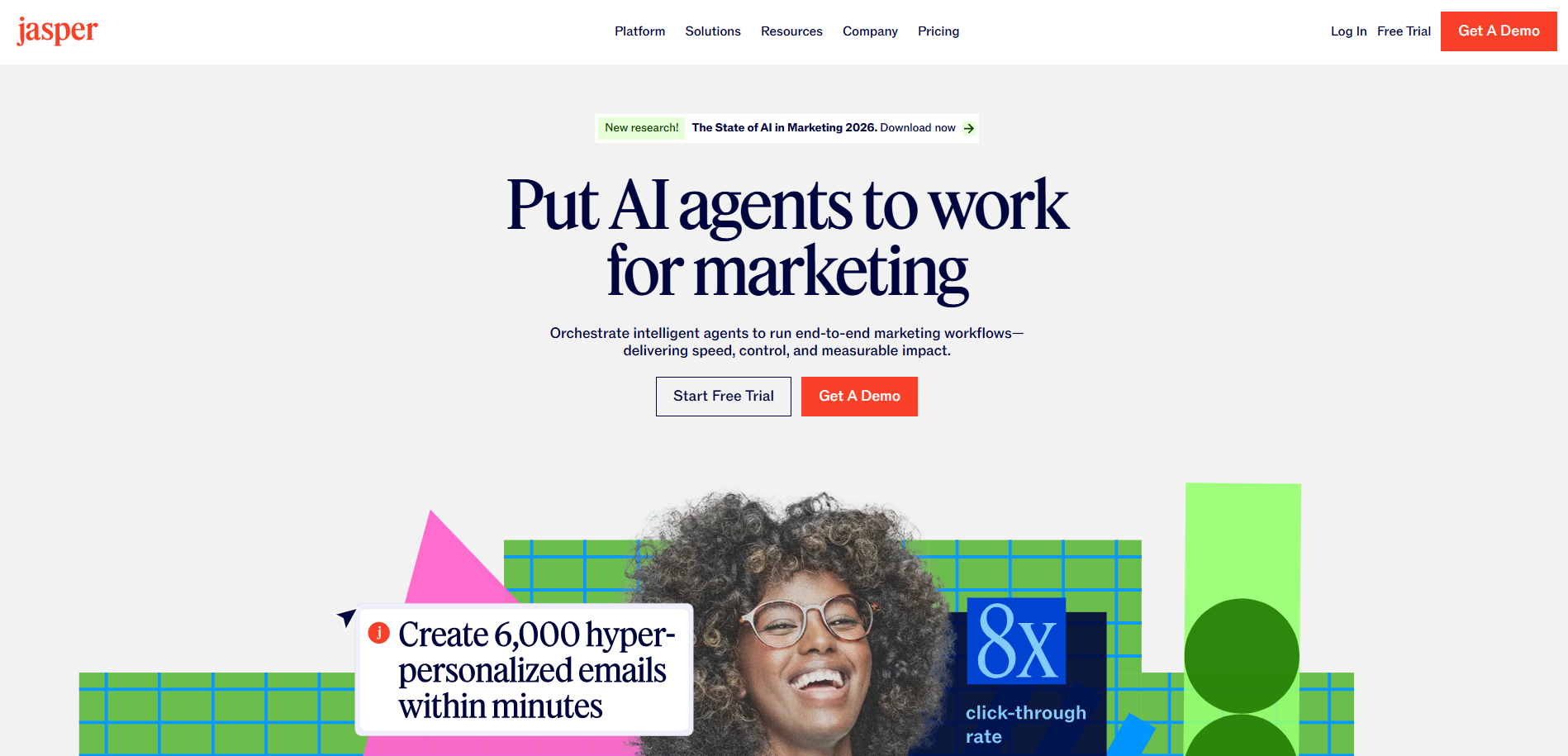 Jasper AI homepage — AI agents for marketing workflow automation