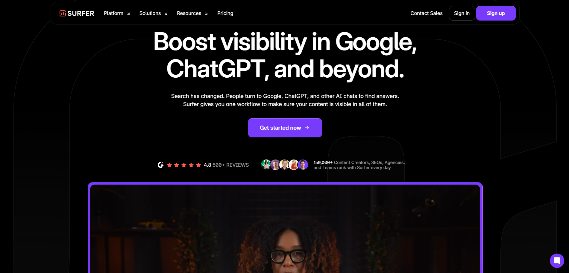 Surfer SEO homepage — AI-powered content optimization for Google, ChatGPT, and beyond